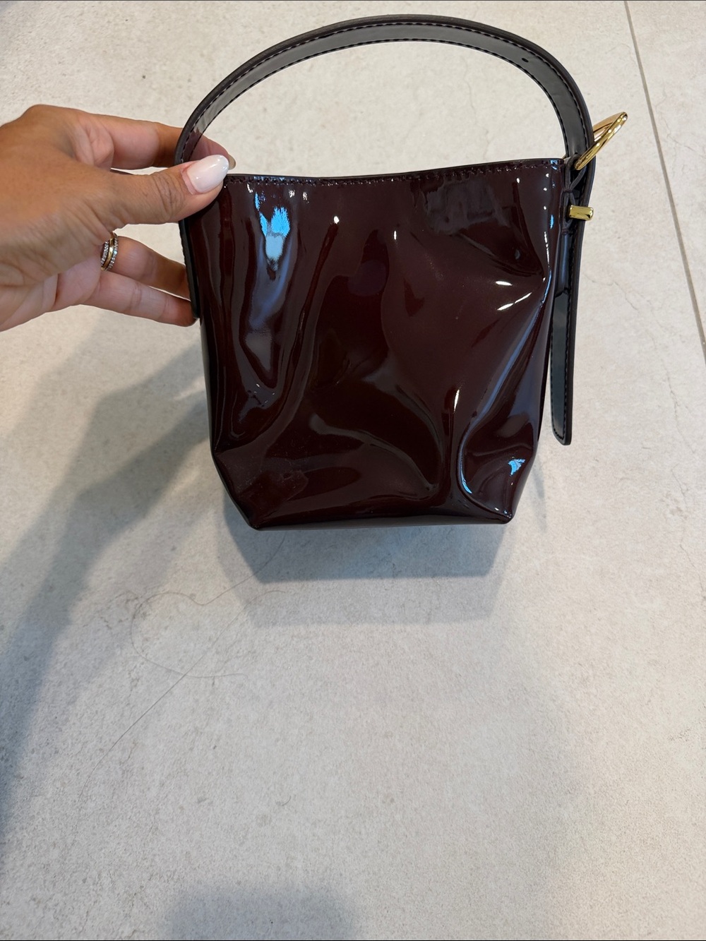 Madewell Patent Mini Bucket Bag in Dark Burgundy